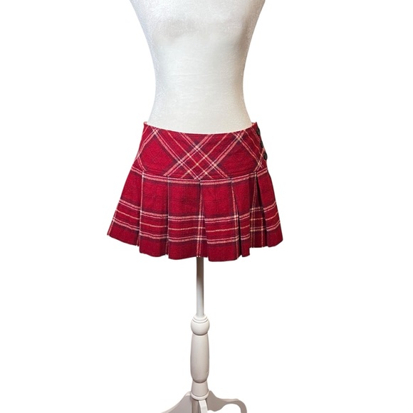 VTG Y2K Abercrombie & Fitch Pleated Wool Micro Mini Skirt Red Plaid Button Sz 10 - Picture 1 of 10